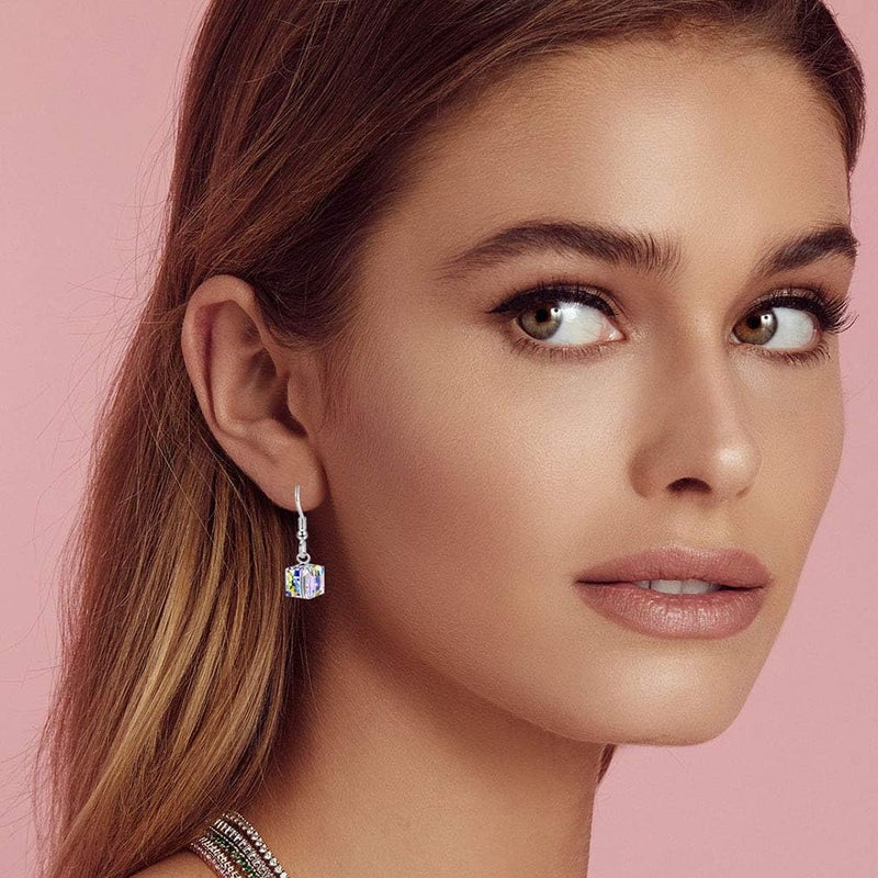 EVEVIC Austrian Crystal Cube Drop Dangle Earrings for Women Fashion 14K Gold Plated Hypoallergenic Jewelry (Aurora Borealis) - Image 2